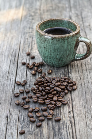 A Cozy Coffee Still Life with Rustic Charm, Fresh Aroma, and Inviting Warmth on a Wooden Tableの素材
