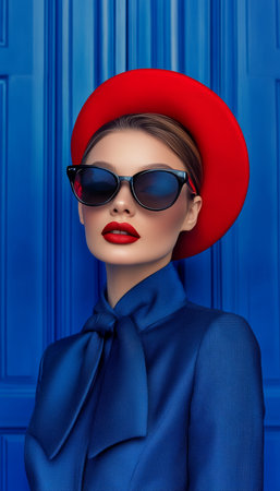 Elegant woman in blue with red accents and stylish sunglasses against a chic background.の素材