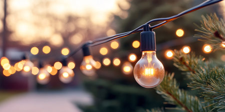 Golden Orbs and Evergreens Retro Outdoor Lights on Blurred Festive Foliage Background Designの素材