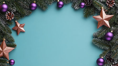 Stunning Christmas Elegance Featuring Copper Stars and Vibrant Violet Ornaments on Turquoise Canvasの素材