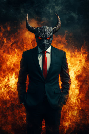 A Mysterious Man in Elegant Satanic Attire Surrounded by Flames, Capturing the Essence of Darknessの素材