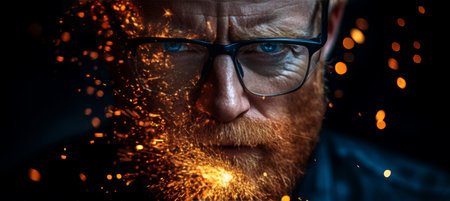 Focused Male Mechanical Engineer Working on Precision Machinery with Fiery Sparks Flying Aroundの素材