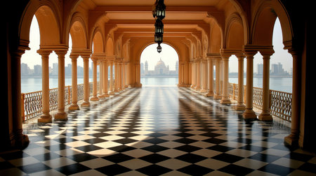 Stunning Arabian Architectural Grandeur Featuring Intricate Columns, Archways, and Colorful Tilesの素材