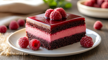Decadent Chocolate Raspberry Cake Slice for Celebrations, Topped with Fresh Raspberriesの素材