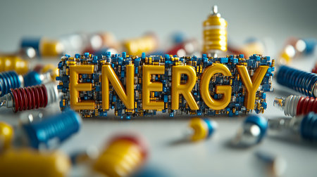 Vibrant Photorealistic Composition Featuring Circuitry and Batteries Spelling Out ENERGY Conceptの素材