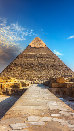 Great Pyramid of Giza rises under a clear blue sky, showcasing ancient Egyptian architecture.の素材