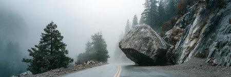 Massive boulder blocking a winding mountain road, showcasing nature s power and driving hazards.の素材