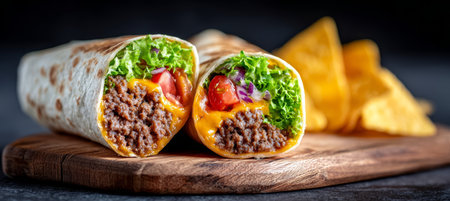 Mouthwatering Beef Burrito Cut in Half Served with Fresh Vegetables, Cheese, and Crunchy Nachosの素材