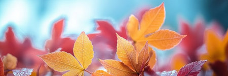 Vibrant Autumn Colors Maple Leaves in Bright Reds, Oranges, and Yellows on Soft Backgroundの素材