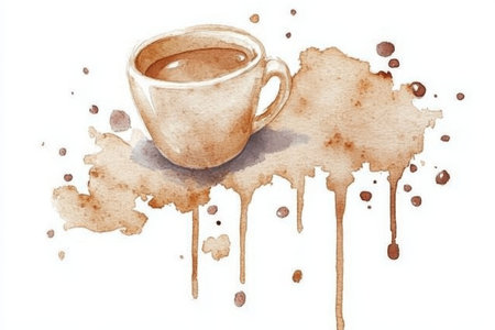 Close Up View of a Cup of Coffee Over Liquid Stain Spill Creating Unique Texture Art Illustrationの素材
