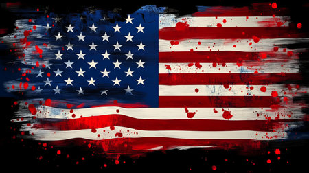 Distressed American Flag with Grunge Texture and Red Splatters in Brush Stroke Artistic Designの素材