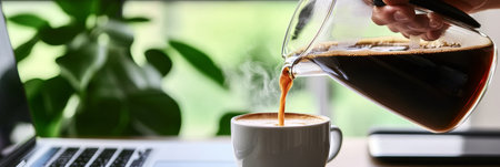 A Cozy Home Office Scene Featuring Hands Pouring Freshly Brewed Coffee Next to a Modern Notebookの素材