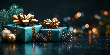 Elegant Luxury Festive Arrangement of Shiny Teal Presents with Gold Bows on Blurry Bokeh Backgroundの素材