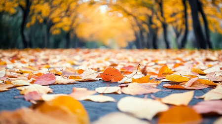 Golden Carpet of Autumn Elegance A Picturesque Scene of Fallen Leaves and Tranquilityの素材