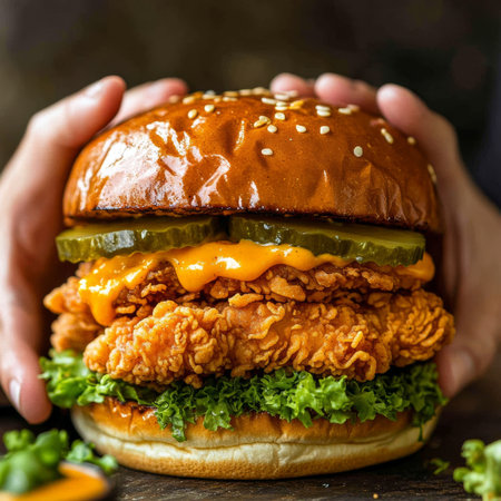 Delicious Fried Chicken Sandwich with Fresh Ingredients and Zesty Sauce on Artisan Baked Bunの素材