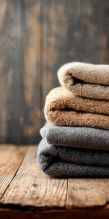 A Neat Stack of Soft, Clean Towels Layered on a Rustic Wooden Table Creating an Elegant Atmosphereの素材