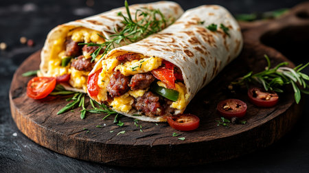 Savory Breakfast Burritos with Eggs, Cheese, and Sausage on Rustic Wood Board, Perfect Morning Mealの素材
