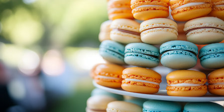 Elegant confectionery tower featuring a colorful assortment of macarons on a cake stand display.の素材