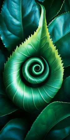 A Beautiful Green Tea Sprout Unfolding in a Spiraling Dance of Nature s Freshness and Harmonyの素材