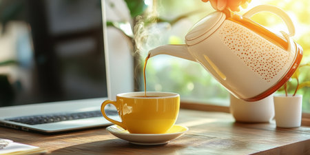 Cozy Morning Vibes Relaxing with Coffee and Laptop in Warm Sunlight at Home Office Spaceの素材