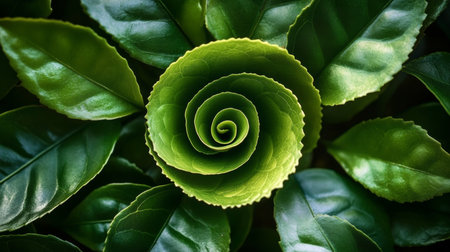 Artistic Spiral Tea Leaf Surrounded by Lush Green Leaves, Showcasing Unique Patterns and Texturesの素材
