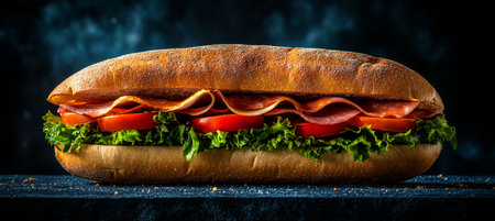 Tasty long submarine sandwich with deli meats, fresh salad, and tomatoes on a dark background.の素材
