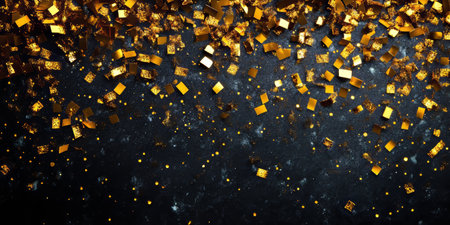Glamorous Party Backdrop with Shimmering Gold Confetti on Dark Surface for Celebrationsの素材