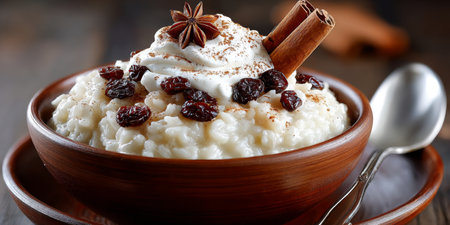 Creamy Rice Pudding with Raisins and Cinnamon, a Comforting Classic Dessert for All Occasionsの素材
