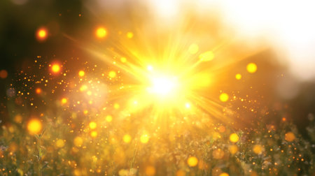 Golden sunlight explosion through a haze with glowing lens flares and bokeh for a warm feelingの素材