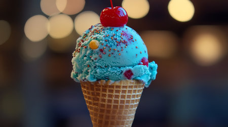 A Colorful Ice Cream Cone with Whimsical Sprinkles and Delicious Blue Gelato on a Sunny Dayの素材