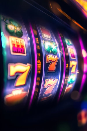 Close Up of Illuminated Slot Machine Reels Showing Traditional Symbols, a Game of Chance and Funの素材