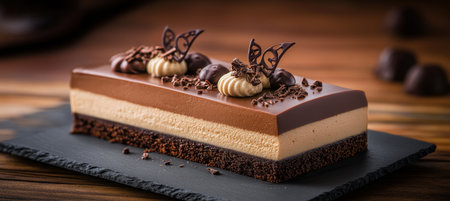 Indulgent Chocolate Cake with Multiple Layers, Beautiful Decorations, and Garnishes on Wooden Tableの素材