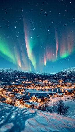 Majestic Aurora Borealis Illuminating Snowy Mountain Peaks Under the Starry Night Sky in Winterの素材