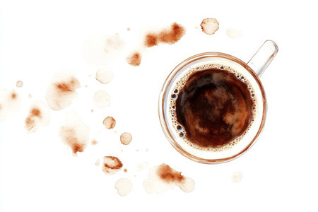 Delicate Coffee Spillage Surrounding a Tranquil Brew, Aesthetic Beverages Still Life, Artistic Fluidの素材