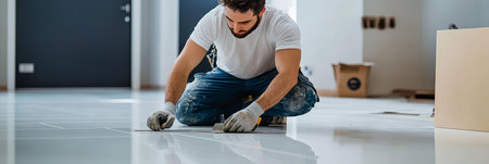 Professional worker expertly laying tiles on the floor at a home renovation construction site.の素材