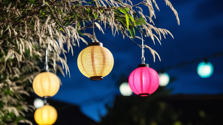 Enchanting Mid Summer Illuminations Magical Outdoor Lighting Hanging from Tree Branches at Nightの素材