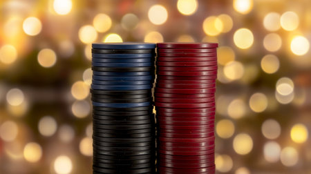 Vibrant Pile of Poker Chips in Blue, Black, and Dark Red with Bokeh Lights for Casino Gaming Nightの素材