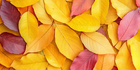 Colorful Fall Season Backdrop with Golden and Red Autumn Leaves Creating a Stunning Pattern Design.の素材