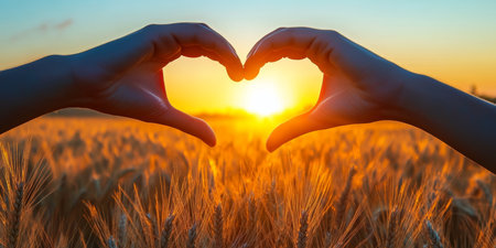 Heart Shaped Love. Golden Wheat at Dusk. Connection, Warm Embrace of Nature. Fields and Agriculture.の素材