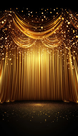 Opulent golden curtain gracefully descending on a dazzling stage, illuminated by captivating lights.の素材