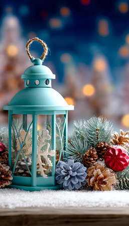 Winter Season Holiday Spirit with Christmas Lantern Decor, Pine Cones, and Baubles on Snowy Nightsの素材