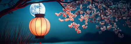 A Beautiful Lantern Glowing Under Cherry Blossom Trees During the Enchanting Mid-Autumn Festivalの素材