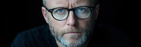 A Focused Artist in Fine Black Attire with Glasses, Crafting Masterpieces with Intense Dedicationの素材