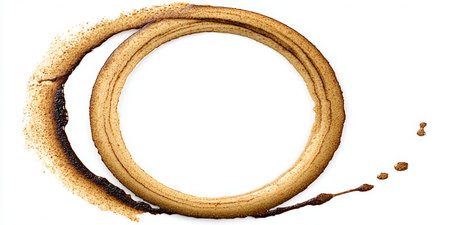 Artistic Circular Coffee Cup Stain Mark on White Surface with Messy Streaks and Textured Impressionの素材
