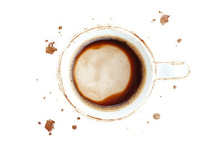 Close-Up of Coffee Cup Spill on White Surface Creating Unclean Mess with Round Rings and Dropletsの素材