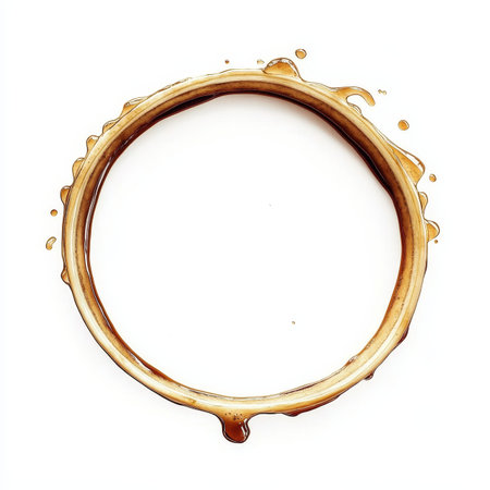 Coffee Ring Stain on White Background, Circular Shape with Brown Hue and Round Splatter Effectの素材