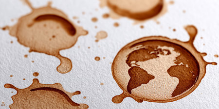Coffee Ring Stains Creating a World Globe Shape with Continental Patterns and Drink Splattersの素材