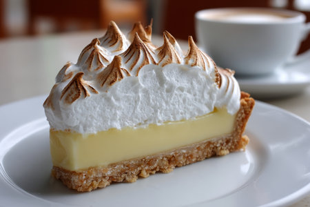 Delicious lemon meringue pie served on a beautiful plate with soft natural lighting, close-up view.の素材