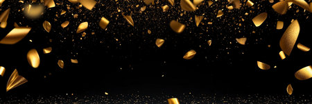 Elegant Black Background with Scattered Shiny Golden Confetti Shapes for Celebration and Prosperityの素材