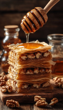Golden Baklava Sweetness Temptation with Delicious Nuts Filled Layers and Irresistible Indulgenceの素材